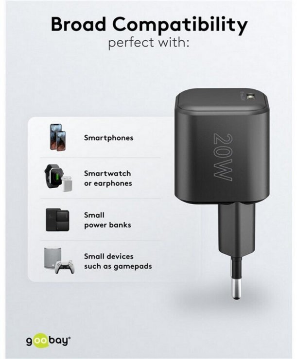 Imagine Incarcator priza 1 x USB type C 20W PD GaN Negru, Goobay G76690